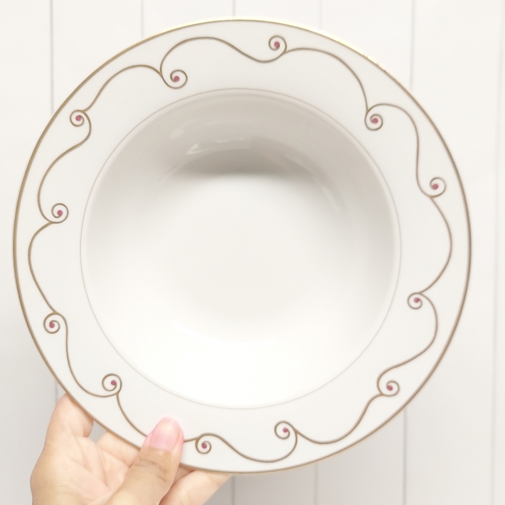 Pier 1 Holiday Scroll Gold Rimmed Porcelain Soup Plates Set of 2